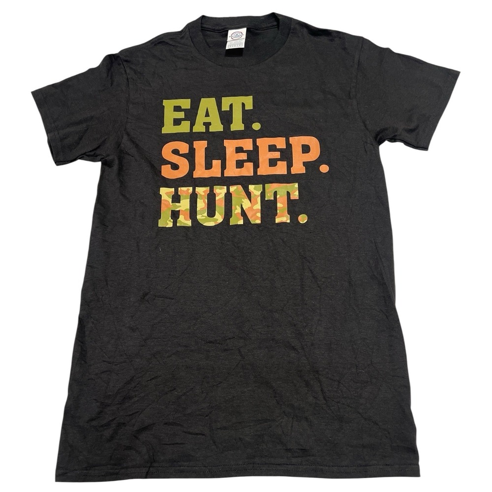 Eat Sleep Hunt Men's Hunting Camouflage Graphic Print Crewneck Black Shirt Small